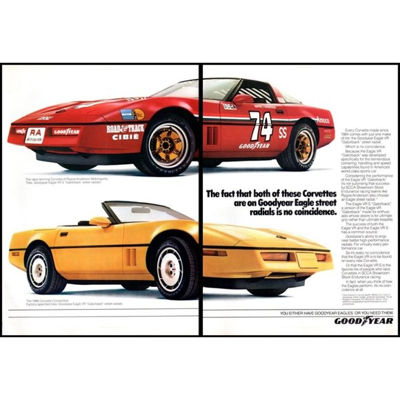 1986 Goodyear Tires Chevy Corvette Convertible 2 Page Vintage Print Ad Wall Art - Picture 1 of 3